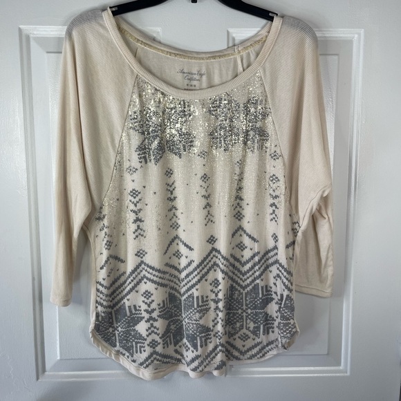 American Eagle Outfitters Tops - American eagle long sleeve waffle knit in cream and gray.